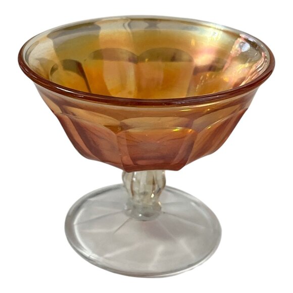 Vintage Iridescent Amber Glass Sherbet Dessert Dish – 1930s–1950s Footed Compote - Picture 1 of 3